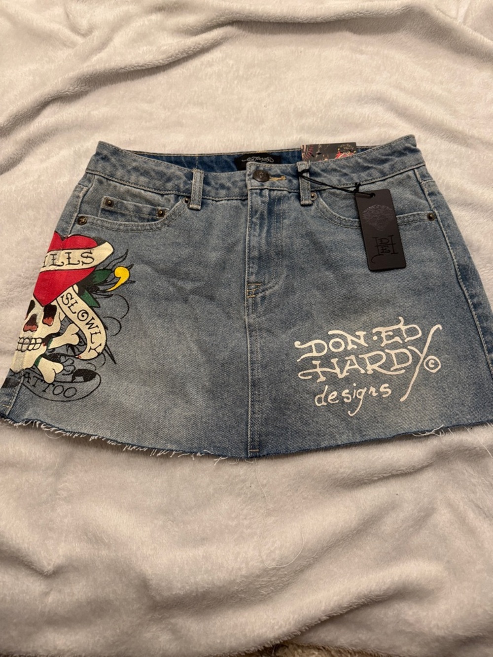 Ed Hardy Denim Mini Skirt with Tattoo Graphics Y2K